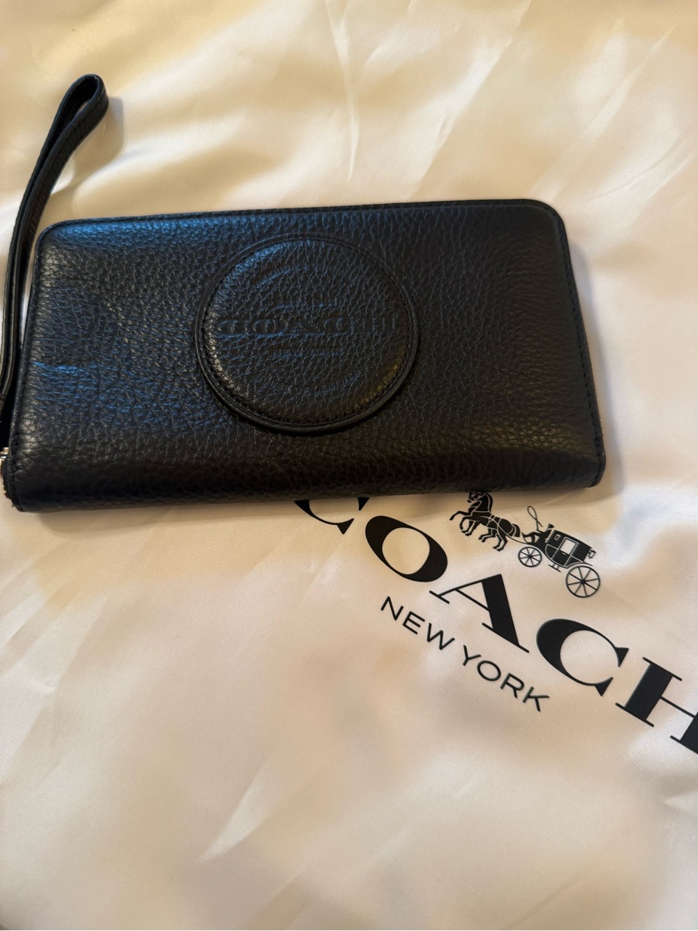 Coach Dempsey Black Pebbled Leather Phone  Wristlet with Embossed Logo